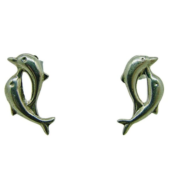 Sterling Silver 925 Dolphin Stud Earrings Small Kids Women Lightweight Pierced - Picture 1 of 7